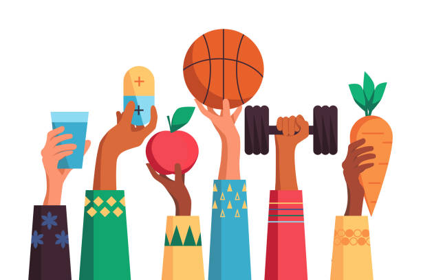 Healthy lifestyle illustration. Kids eating healthy and practicing sports.